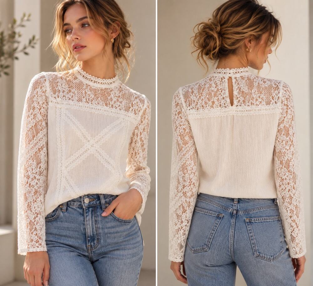 White Lace Blouse XL Long Sleeve Romantic Coquette Cottagecore Victorian Top